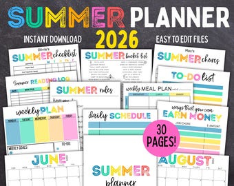 Paquete de planificadores imprimibles y editables de VERANO 2026 / Calendario de verano / Lista de tareas de verano / Tabla de tareas de verano / Planificador de verano / Tabla de tareas para niños