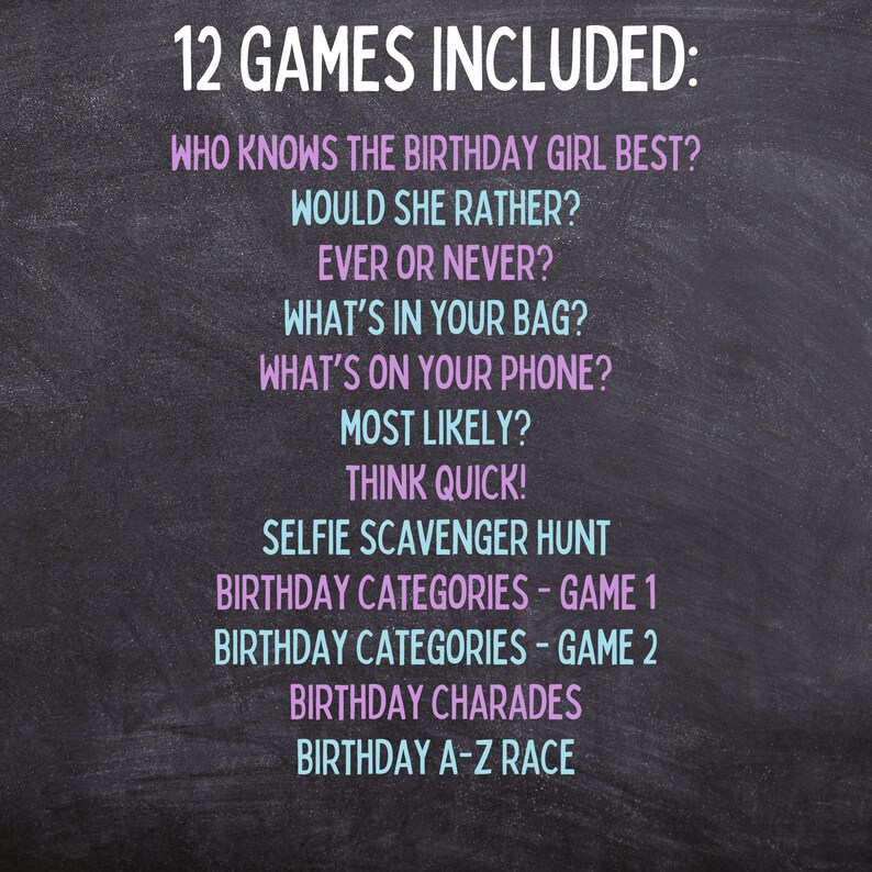 May include: A black chalkboard with white text listing 12 games for a birthday party. The games include "Who Knows the Birthday Girl Best?", "Would She Rather?", "Ever or Never?", "What's in Your Bag?", "What's on Your Phone?", "Most Likely?", "Think Quick!", "Selfie Scavenger Hunt", "Birthday Categories - Game 1", "Birthday Categories - Game 2", "Birthday Charades", and "Birthday A-Z Race".