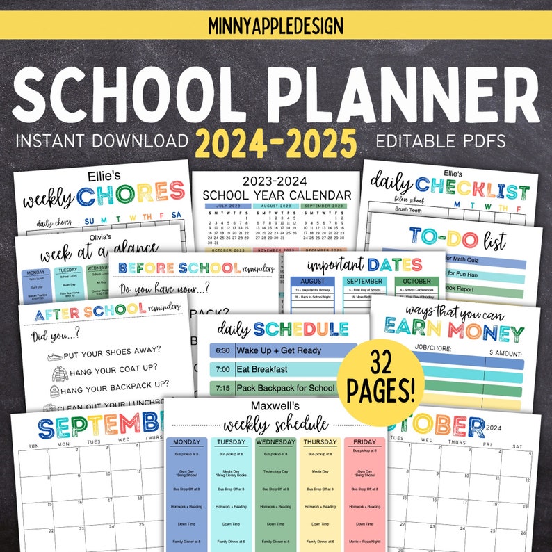 Printable Editable 2024-2025 School Planner School Calendar School Checklist Chore Charts For Kids Homeschool Planner 612MD image 1