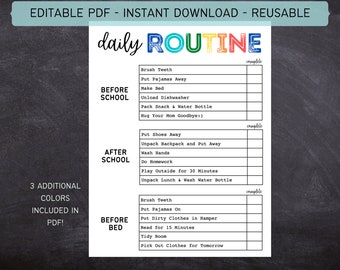 Printable Editable Daily Routine for Kids | Chore Chart for Kids | Checklist | Before School After School Rules | Instant Download  | 612MD