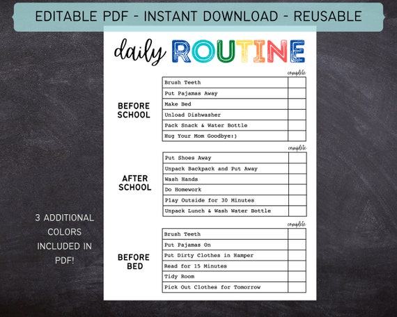 Printable Editable Daily Routine For Kids Chore Chart For Etsy
