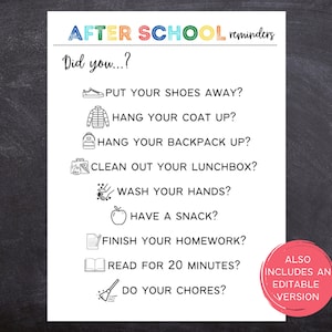 Printable After School Checklist Reminders for Kids | Preschool Kindergarten Elementary Reminders | After School | Digital Download | 612MD