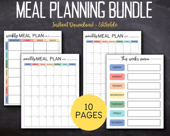 Printable Editable Weekly and Monthly Meal Plan| Meal Planner Printable  |  Weekly Meal Planner | Instant Download | 612MD