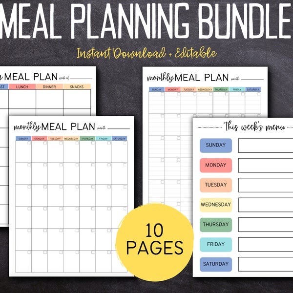 Printable Editable Weekly and Monthly Meal Plan| Meal Planner Printable  |  Weekly Meal Planner | Instant Download | 612MD