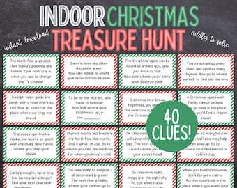 May include: A printable Christmas treasure hunt game with 40 clues. The game is designed with a red and green color scheme and features a festive Christmas theme. The clues are written in a fun and engaging way, making this a great activity for families to enjoy together.