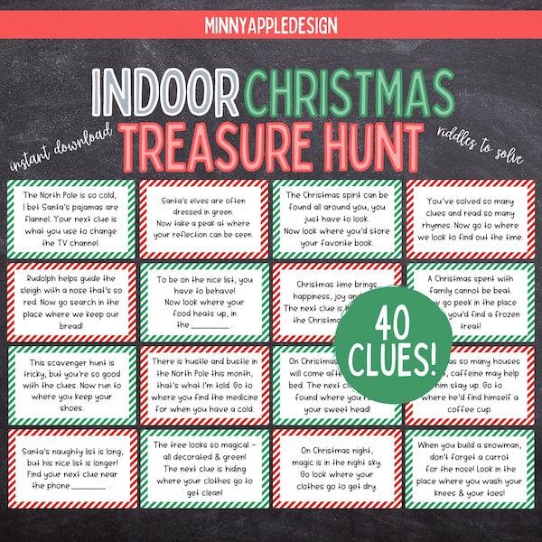 Weihnachts-Schnitzeljagd für Kinder | Weihnachten Druckbare Spiele für Kinder | Weihnachten Schatzsuche Hinweise | Weihnachts-Party-Spiel