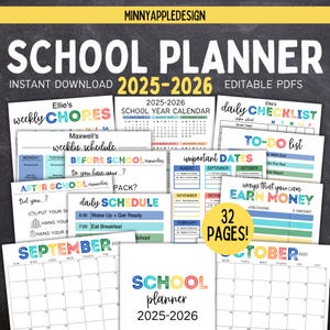 Printable Editable 2025-2026 School Planner | School Calendar | School Checklist | Chore Charts For Kids | Homeschool Planner | 612MD