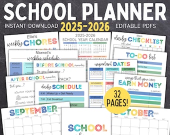 Printable Editable 2025-2026 School Planner | School Calendar | School Checklist | Chore Charts For Kids | Homeschool Planner | 612MD