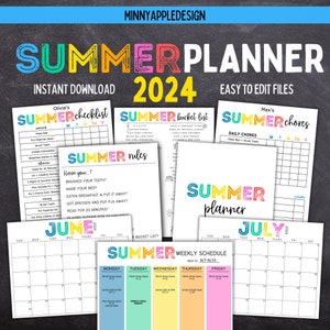 Printable Editable SUMMER 2024 Planner Bundle | Summer Calendar | Summer Checklist | Summer Chore Chart | Summer Planner | Chore Chart Kids