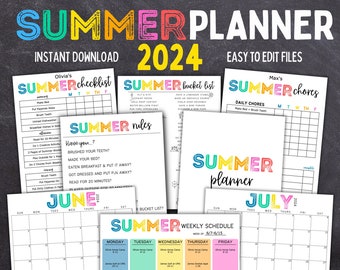 Printable Editable SUMMER 2024 Planner Bundle | Summer Calendar | Summer Checklist | Summer Chore Chart | Summer Planner | Chore Chart Kids