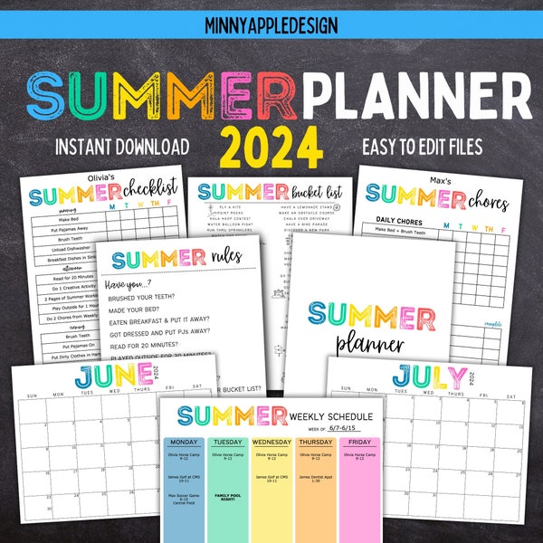 Paquete de planificador de VERANO editable imprimible 2024 / Calendario de verano / Lista de verificación de verano / Tabla de tareas de verano / Planificador de verano / Tabla de tareas para niños