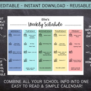 Op de afbeelding: Een afdrukbare wekelijkse schema-sjabloon voor kinderen. De sjabloon is ontworpen om kinderen te helpen hun schooldag te organiseren, inclusief lunch, gym, kunst, technologie, muziek en naschoolse activiteiten. De sjabloon is aanpasbaar en bevat ruimte voor het invoeren van belangrijke school- en huiswerkgegevens.