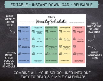 Printable Editable Weekly Schedule | Simple Kids School and Activity Planner| Weekly School Schedule | Homeschool | Instant Download | 612MD