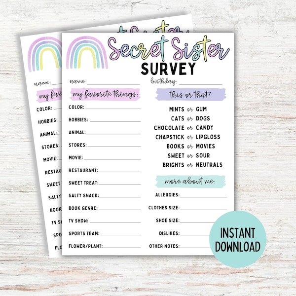 Printable Secret Sister Survey | Secret Sister Church | Secret Sister Camp Questionnaire | YW Secret Sister | Girls Gift Exchange |