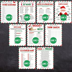 May include: A set of printable Christmas party games with a red, green, and white color scheme. The games include a word scramble, elf name game, selfie scavenger hunt, naughty or nice game, think quick, who is most like Santa Claus, dice game, holiday lights scavenger hunt, and pass the present.