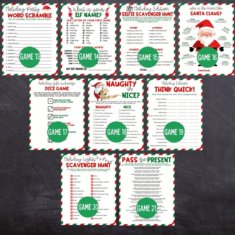 May include: A set of printable Christmas party games with a red, green, and white color scheme. The games include a word scramble, elf name game, selfie scavenger hunt, naughty or nice game, think quick, who is most like Santa Claus, dice game, holiday lights scavenger hunt, and pass the present.