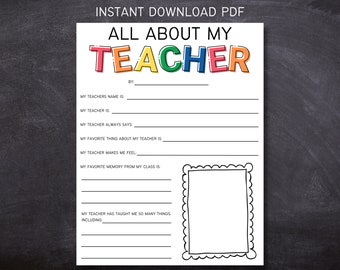 All About My Teacher Printable | Teacher Appreciation Day Printable | Student to Teacher Thank You  | End of Year Thank You
