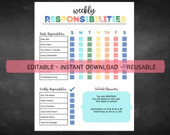 Printable Editable Daily & Weekly Kids Chore Responsibility Chart | Instant Download | Kids Routine Chart | Digital Download | 612MD