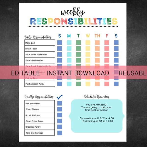 Druckbare Bearbeitbare Tägliche & Wöchentliche Verantwortungs-Diagramm für Kinder | Sofort Download | Kinder Routine Chart | Digitaler Download | 612MD