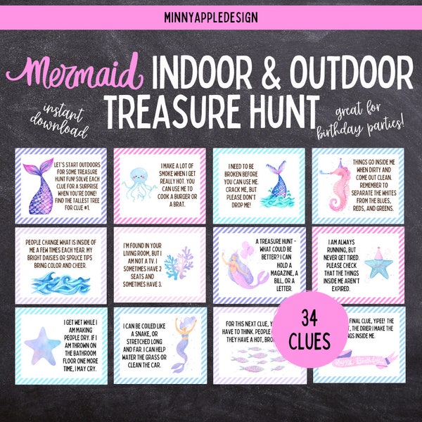 Mermaid Indoor and Outdoor Treasure Hunt | Birthday Girl Treasure Hunt | Mermaid Birthday  | Birthday Printable Games for Kids