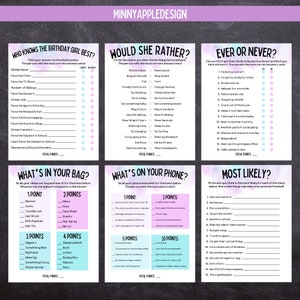 May include: A printable game for a birthday party with a pink and purple color scheme. The game is called "Who Knows the Birthday Girl Best?" and includes questions about the birthday girl's favorite things. The game also includes a "Would She Rather?" section with a list of choices for the birthday girl to choose from. The game also includes an "Ever or Never?" section with a list of questions for the birthday girl to answer. The game also includes a "What's in Your Bag?" section with a list of items for the birthday girl to check off. The game also includes a "What's on Your Phone?" section with a list of items for the birthday girl to check off. The game also includes a "Most Likely?" section with a list of questions for the birthday girl to answer.