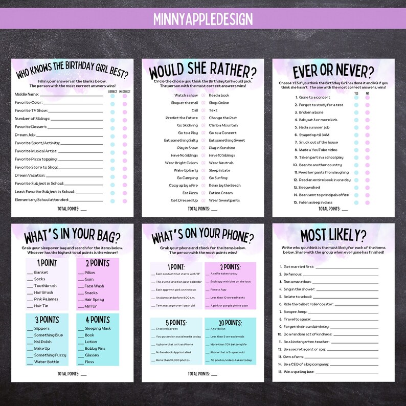 May include: A printable game for a birthday party with a pink and purple color scheme. The game is called "Who Knows the Birthday Girl Best?" and includes questions about the birthday girl's favorite things. The game also includes a "Would She Rather?" section with a list of choices for the birthday girl to choose from. The game also includes an "Ever or Never?" section with a list of questions for the birthday girl to answer. The game also includes a "What's in Your Bag?" section with a list of items for the birthday girl to check off. The game also includes a "What's on Your Phone?" section with a list of items for the birthday girl to check off. The game also includes a "Most Likely?" section with a list of questions for the birthday girl to answer.