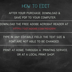 May include: Blackboard with white text explaining how to edit a printable PDF file. The text includes instructions to download the free Adobe Acrobat Reader at https://get.adobe.com/reader/.