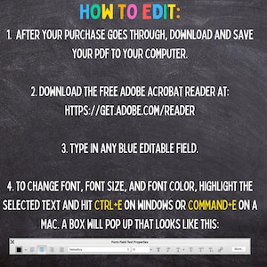 May include: A chalkboard-style graphic with instructions on how to edit a PDF. The text reads "HOW TO EDIT" in colorful letters. Steps include downloading and saving the PDF, downloading Adobe Acrobat Reader, and changing fonts.
