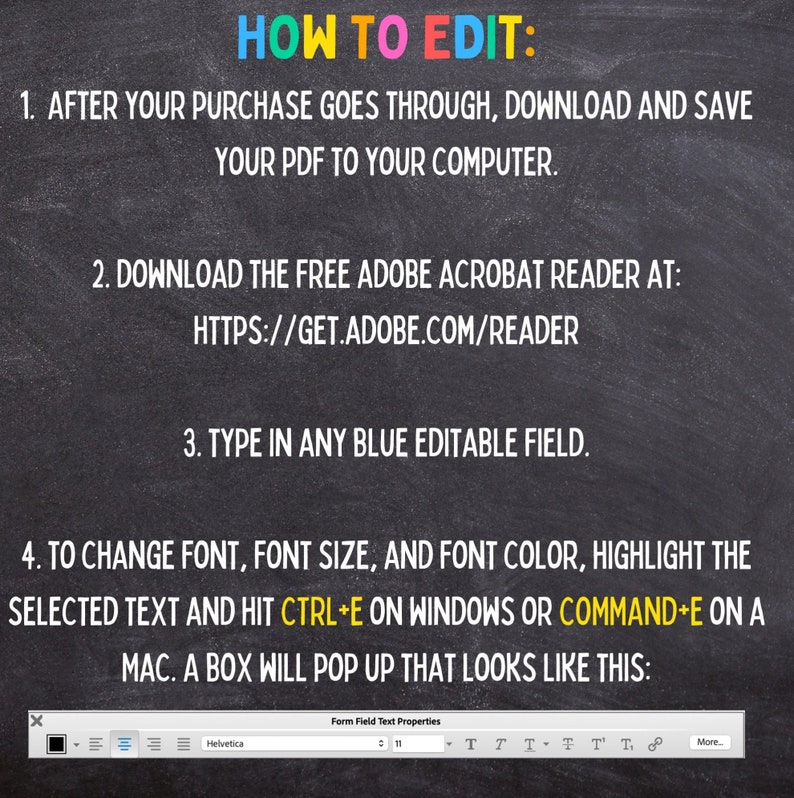 May include: A chalkboard-style graphic with instructions on how to edit a PDF. The text reads "HOW TO EDIT" in colorful letters. Steps include downloading and saving the PDF, downloading Adobe Acrobat Reader, and changing fonts.