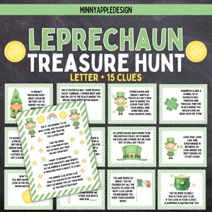 Könnte beinhalten: Ein grünes und goldenes Leprechaun-Schatzsuche-Spiel mit 15 Hinweisen. Das Spiel zeigt Illustrationen von Kobolden, Kleeblättern und Goldmünzen. Der Text auf den Karten enthält Anweisungen für das Spiel und Hinweise, um den Schatz zu finden.