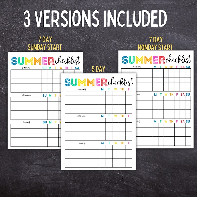 May include: Three versions of a summer checklist are displayed, each with a different layout. The checklists are titled "SUMMER checklist" in colorful lettering. One checklist is for 7 days starting Sunday, another for 7 days starting Monday, and a third for 5 days.