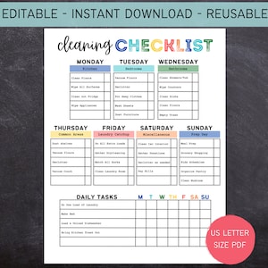 印刷可能で編集可能な子供向け掃除チェックリスト | 毎週の掃除スケジュール | 掃除のルーチン | すぐにダウンロード | 毎日の掃除 | 612MD