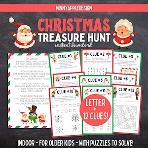 Búsqueda del tesoro navideño para niños mayores / Búsqueda del tesoro de Papá Noel / Búsqueda de regalos de Papá Noel / Búsqueda del tesoro navideño / Juegos navideños / Descifra el código