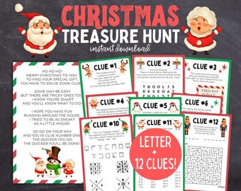 Puede incluir: Un juego de búsqueda del tesoro de Navidad con 12 pistas para niños mayores. El juego presenta rompecabezas para resolver, incluyendo una búsqueda de palabras, un código de letras, un laberinto y un rompecabezas numérico. El juego está diseñado para jugar en interiores.