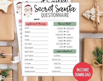 May include: Printable Secret Santa Questionnaire with a festive Christmas theme. The questionnaire includes sections for favourite things, this or that, and more about you. The questionnaire is designed for a Secret Santa gift exchange.