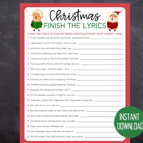Christmas Song Trivia Game Finish the Lyrics Christmas - Etsy