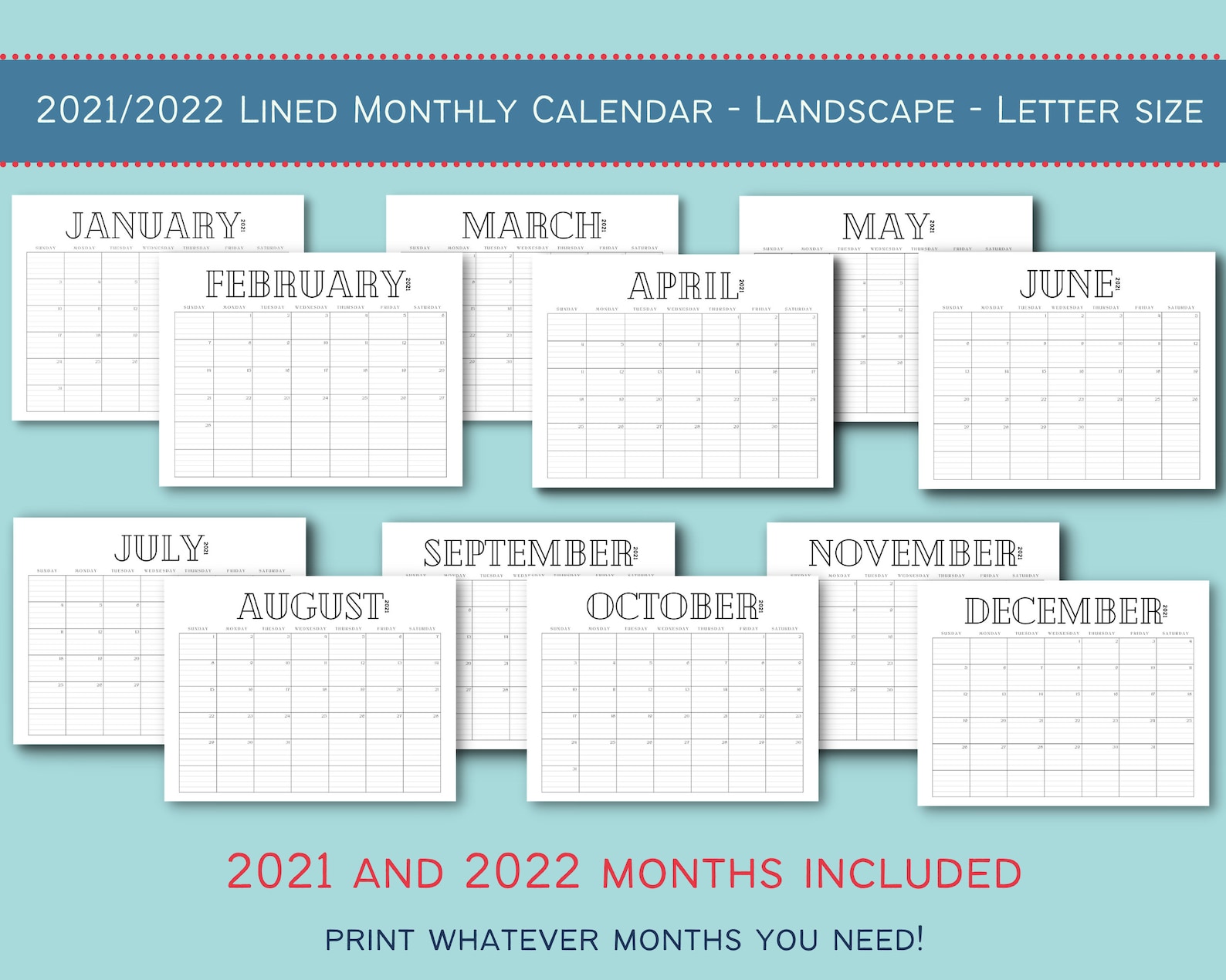 2021 2022 monthly lined printable calendar landscape lined etsy