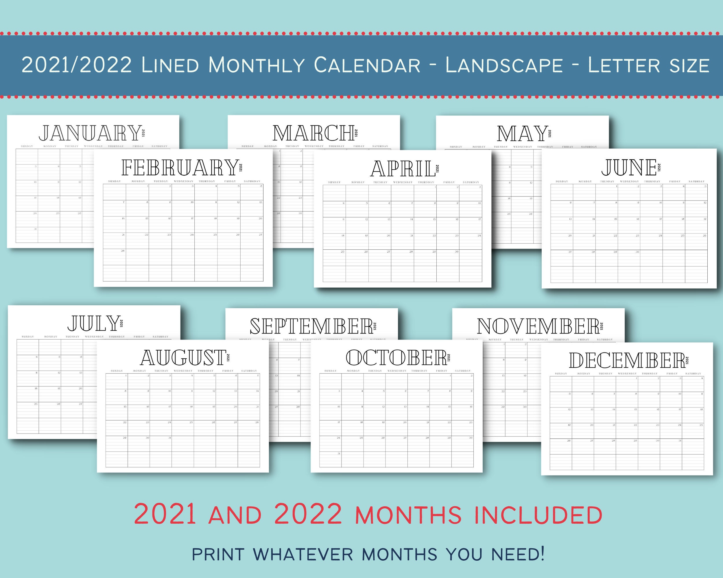 2021 2022 monthly lined printable calendar landscape lined etsy