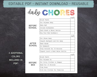 Lista de verificación diaria editable imprimible para niños / Tabla de tareas para niños / Reglas antes de la escuela después de la escuela / Descarga instantánea / 612MD