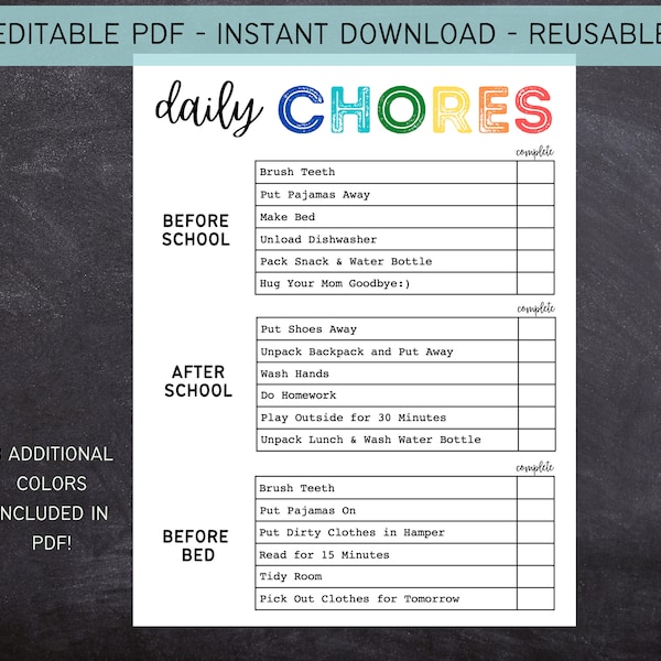 Printable Editable Daily Checklist for Kids | Chore Chart for Kids | Before School After School Rules | Instant Download  | 612MD