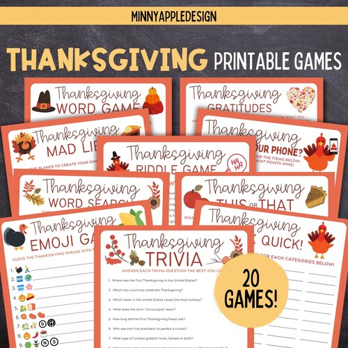 20 Thanksgiving Printable Games Bundle for Kids an Adults | Trivia, Emoji, Friendsgiving