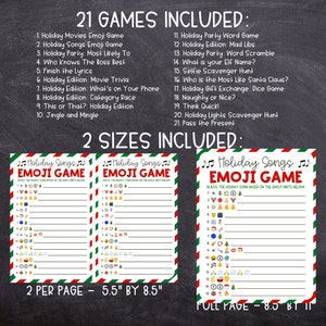 May include: A printable set of 21 holiday games, including a holiday songs emoji game, a holiday party word game, and a holiday edition mad libs game. The games are available in two sizes: 5.5 inches by 8.5 inches and 8.5 inches by 11 inches.