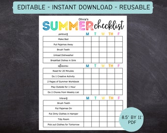 Printable Editable SUMMER Daily Checklist for Kids | Chore Chart for Kids | Summer Rules | Summer Routine |  Instant Download