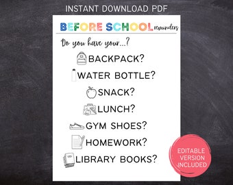 Printable Before School Checklist Reminders for Kids | Preschool Kindergarten Elementary Reminders | Editable Version Included | 612MD