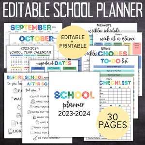 Printable Editable 2023-2024 School Planner | School Calendar | School Checklist | Chore Charts For Kids | Homeschool Planner | 612MD