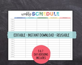 Printable Editable Hourly Weekly Schedule |  Weekly School Schedule | Homeschool Schedule | Weekly Planner | Schedule Template | 612MD
