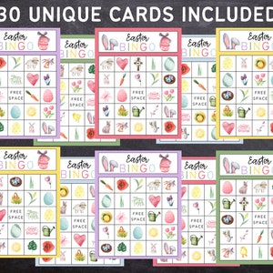 May include: Thirty unique Easter Bingo cards with a watercolor design. Each card features a 5x5 grid with images of Easter eggs, bunnies, chicks, flowers, and other Easter-themed items. The cards are perfect for an Easter party or family gathering.