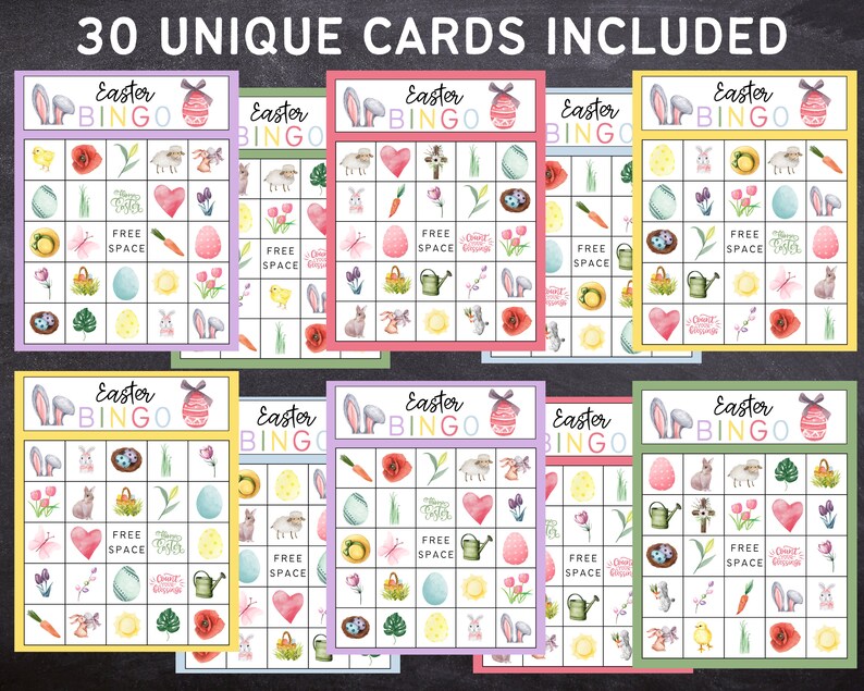 May include: Thirty unique Easter Bingo cards with a watercolor design. Each card features a 5x5 grid with images of Easter eggs, bunnies, chicks, flowers, and other Easter-themed items. The cards are perfect for an Easter party or family gathering.