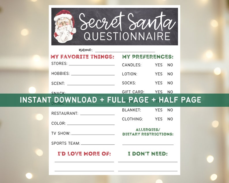 Printable Secret Santa Questionnaire Secret Santa Form - Etsy