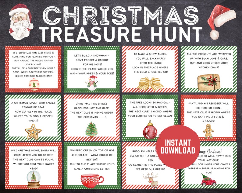 Christmas Scavenger Hunt for Kids | Instant Download PDF | Christmas Printable Games for Kids | Christmas Treasure Hunt Clues 